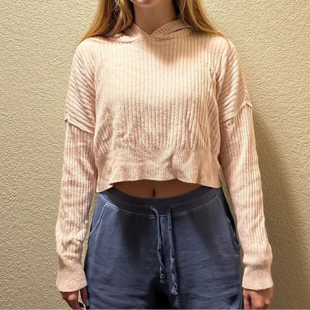 Aerie offline alpaca blend cropped hoody ribbed sweater pink L